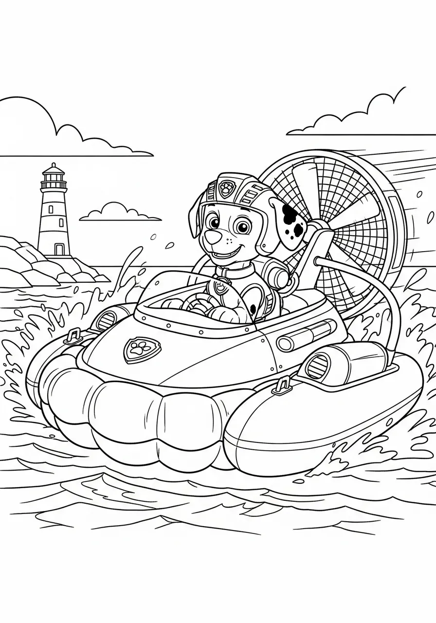Zuma da Patrulha Canina dirigindo um hovercraft em um cenário de farol para colorir