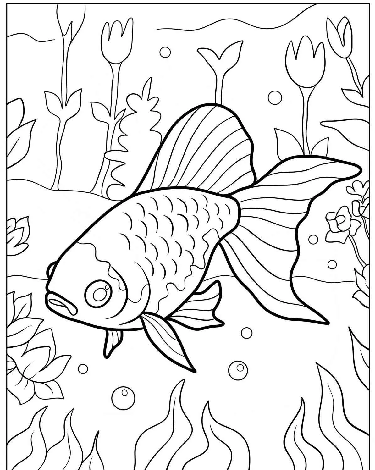 Desenho de um peixe dourado nadando entre plantas aquáticas e bolhas