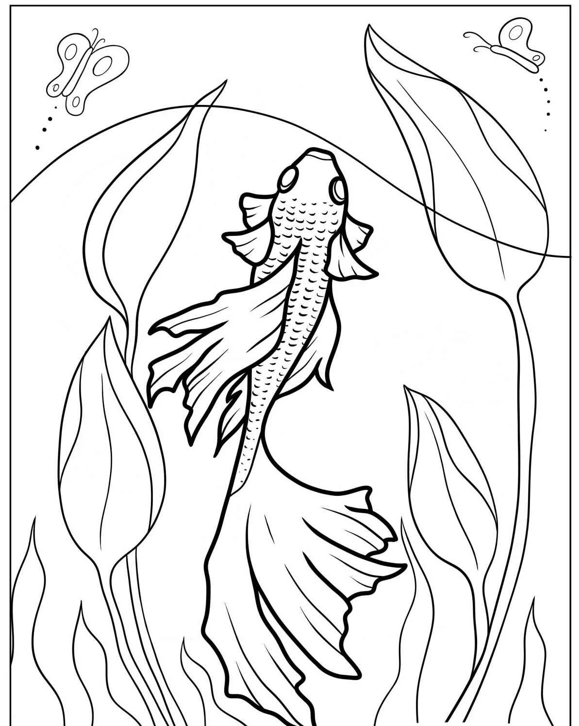 Desenho para colorir de um peixe dourado nadando entre folhas aquáticas