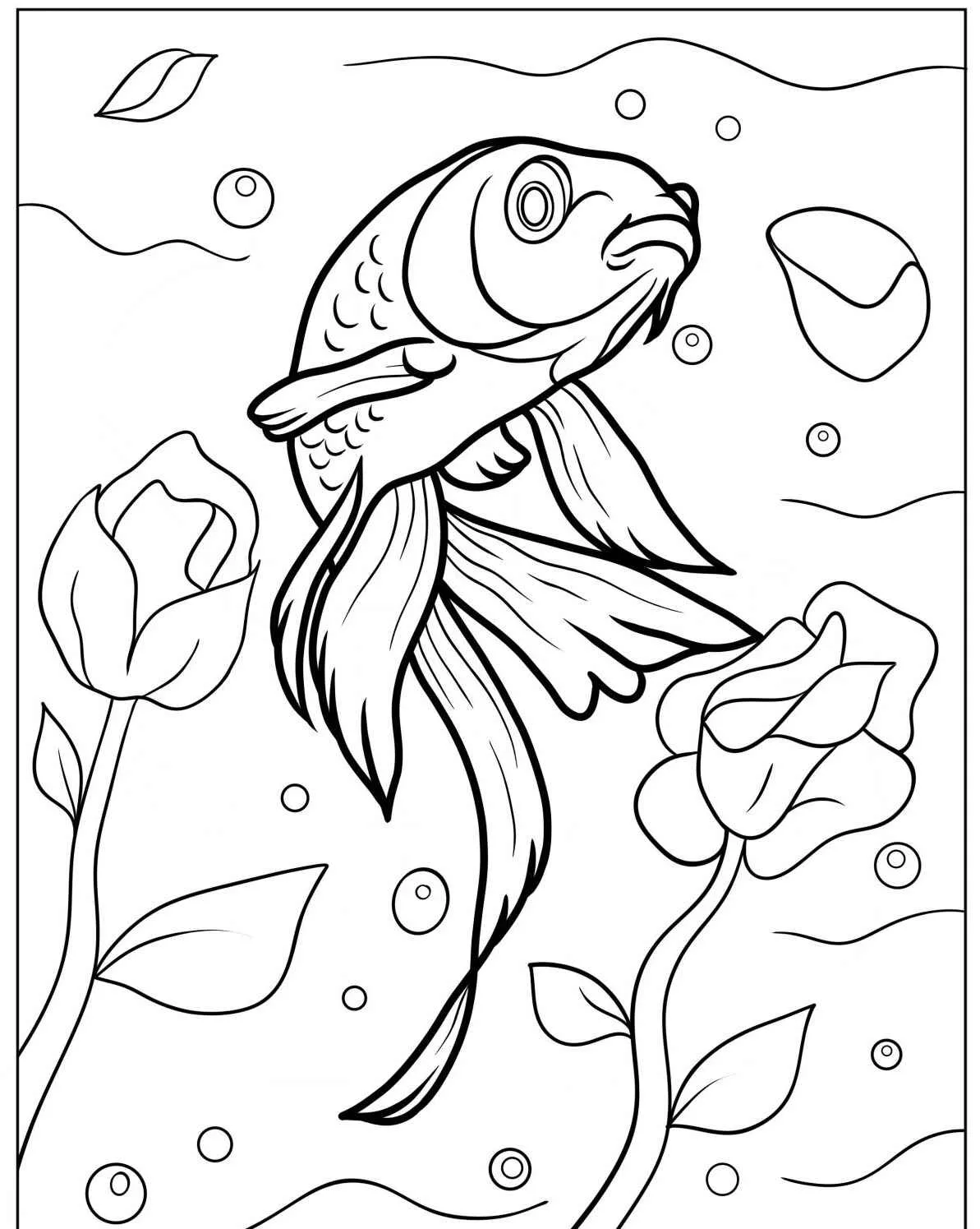 Desenho de um peixe dourado nadando entre rosas, pronto para colorir.