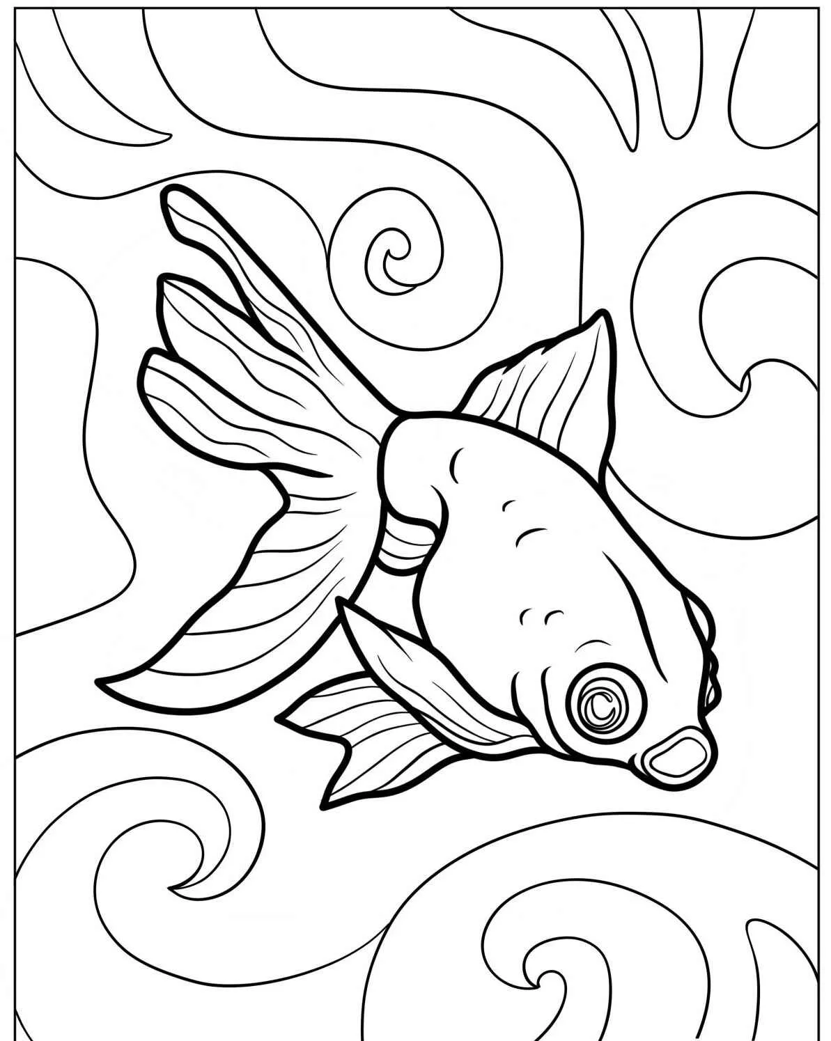 Desenho de um peixe dourado nadando entre ondas para colorir
