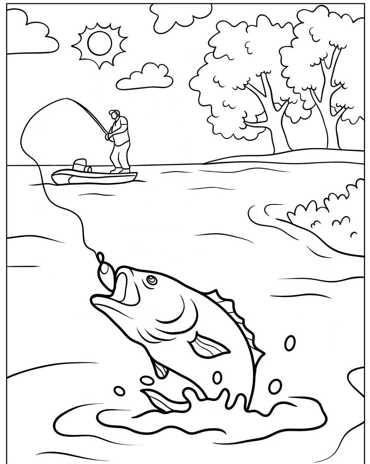 Desenho de um peixe saltando da água com um pescador ao fundo