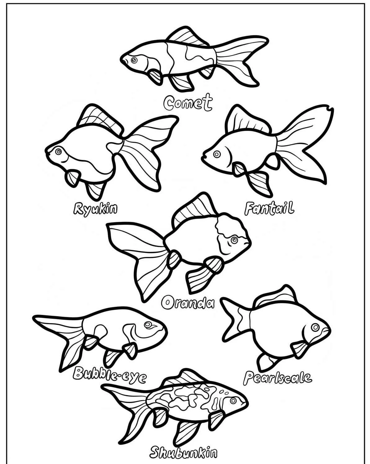 Desenho para colorir de diferentes tipos de peixes, incluindo Cometa, Ryukin, Fantail, Oranda, Bubble-eye, Pearscale e Shubunkin.