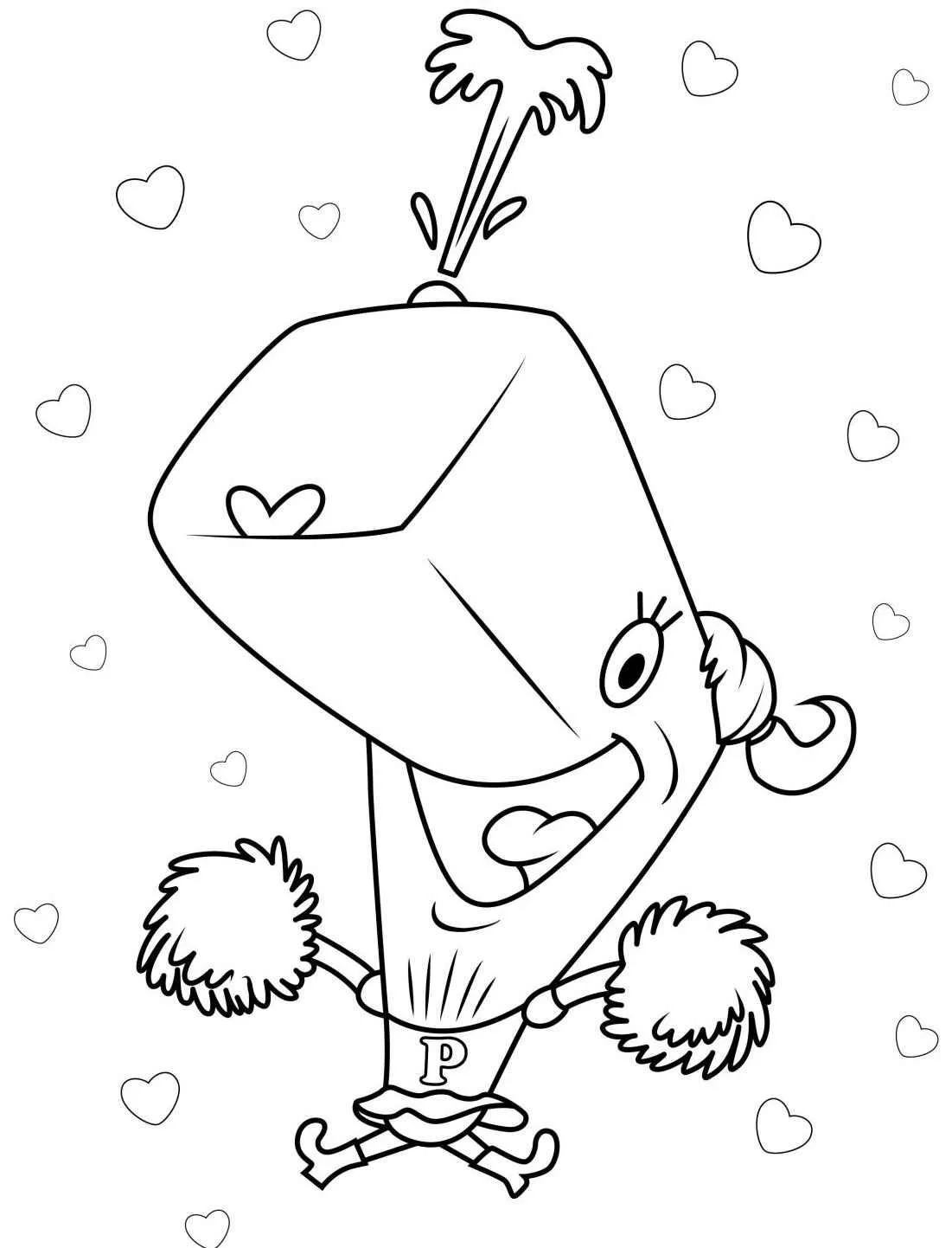 Imagem para colorir de Pérola do Bob Esponja torcendo com pompons e corações