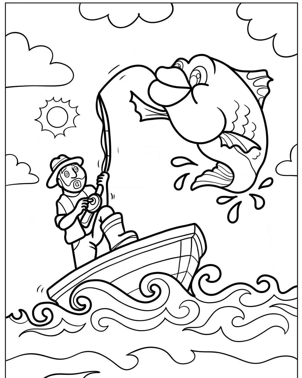 Desenho de um pescador em um barco pegando um peixe grande