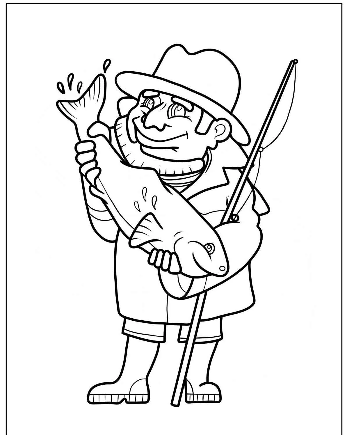 Pescador segurando um peixe grande para colorir