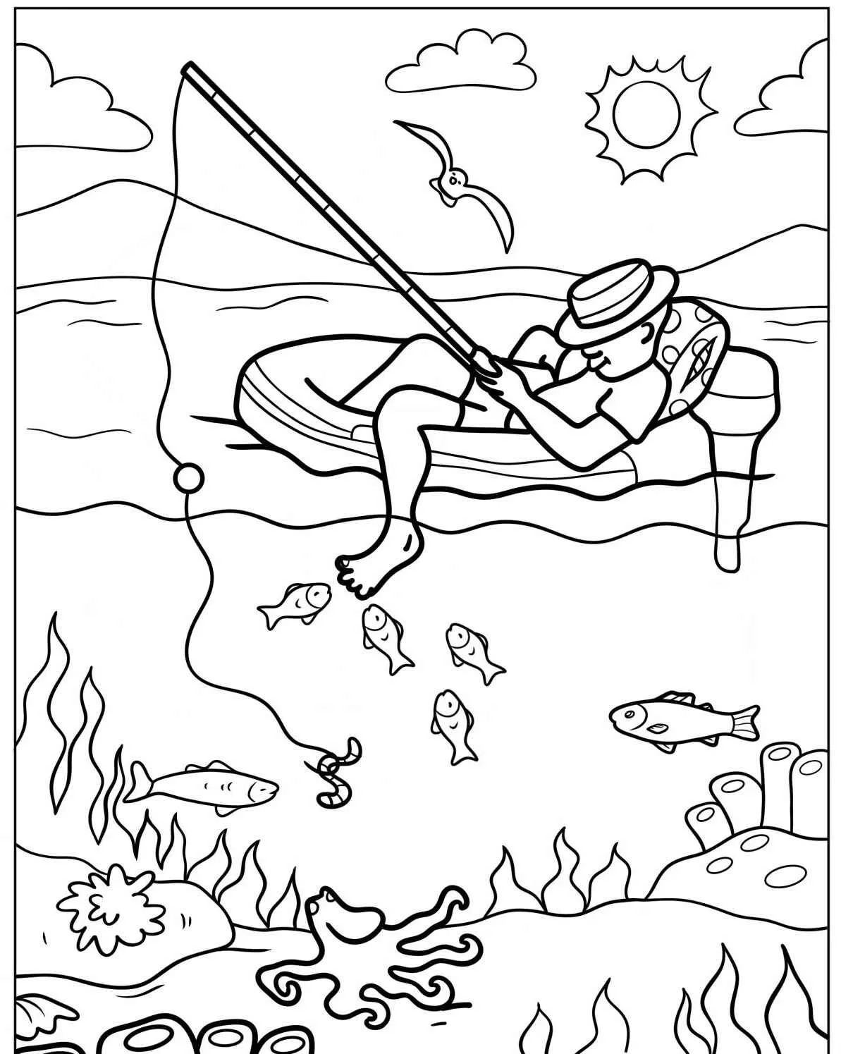 Desenho de um pescador em um barco com peixes e elementos marinhos para colorir