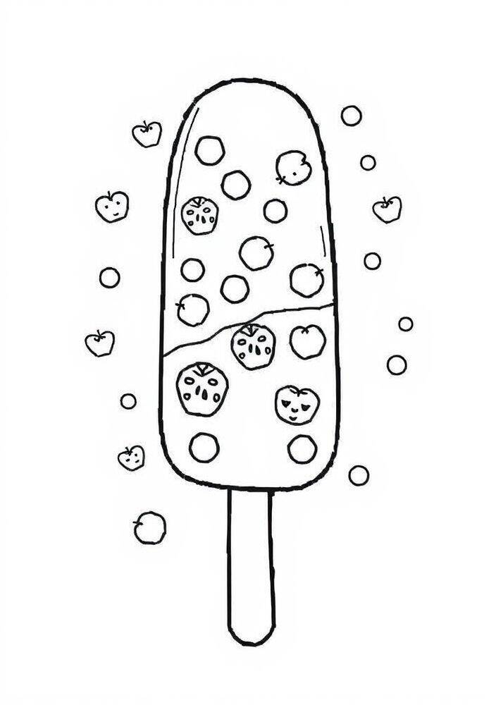 Desenho de um picolé com frutas e bolinhas para colorir
