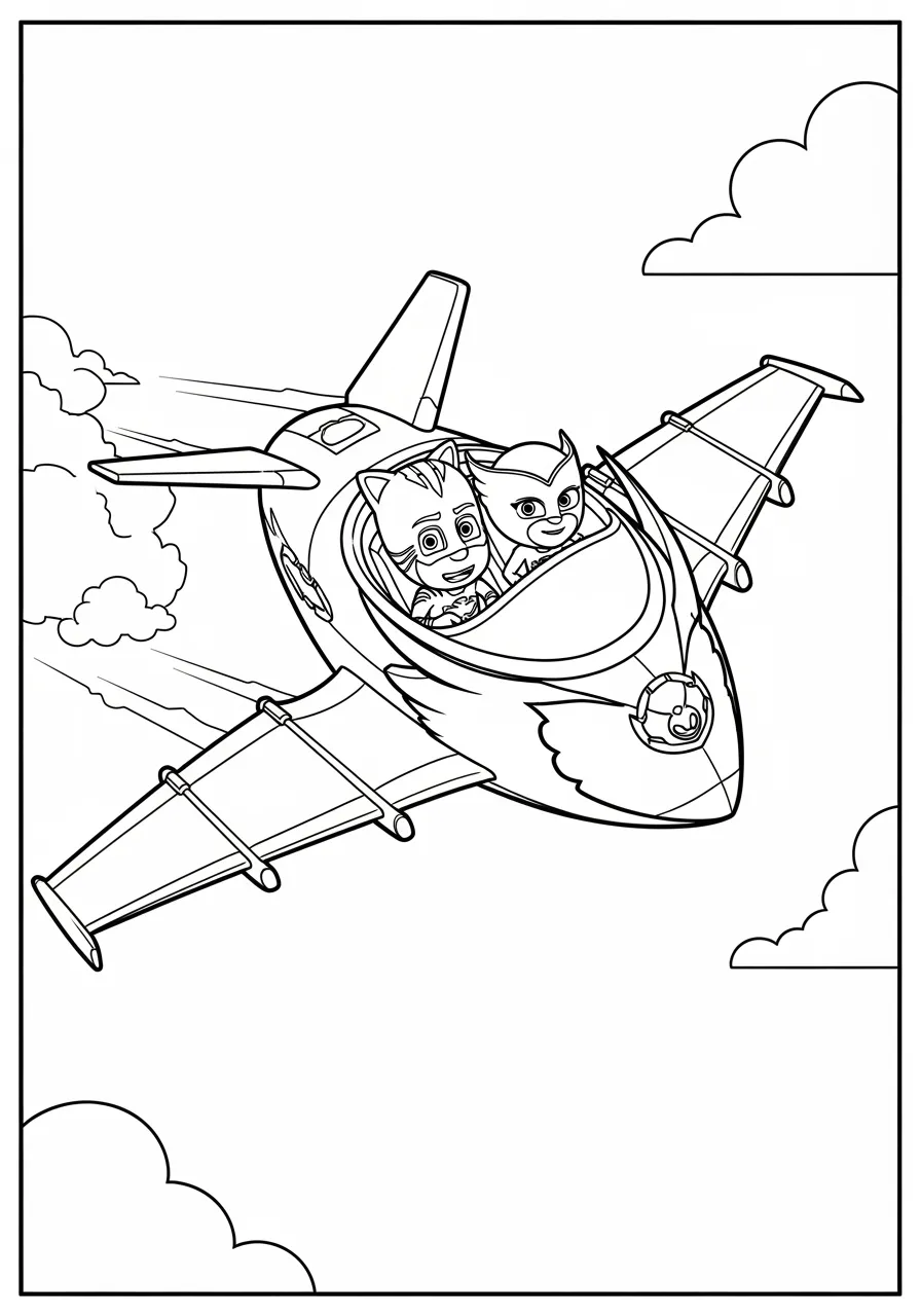 Desenho para colorir do Catboy e Owlette em um avião dos PJ Masks