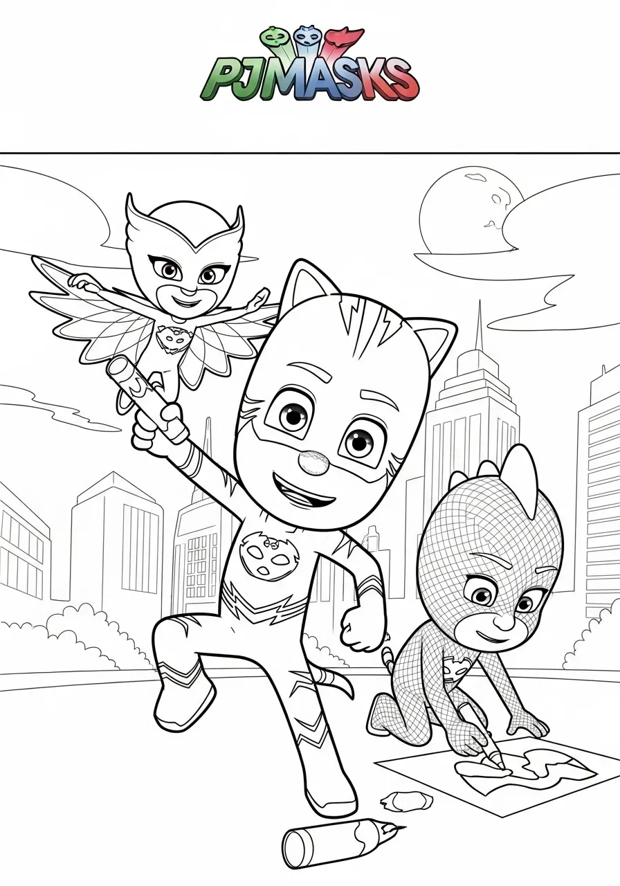 Desenho para colorir dos personagens Catboy, Owlette e Gekko do PJ Masks