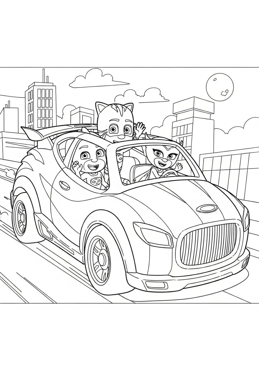 Desenho para colorir dos personagens PJ Masks em um carro