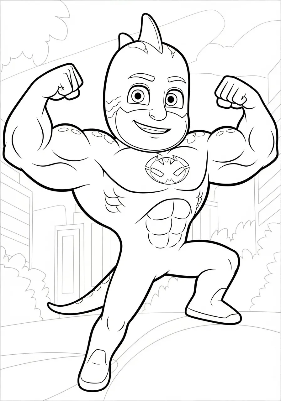 Desenho para colorir do Gekko dos PJ Masks mostrando seus músculos