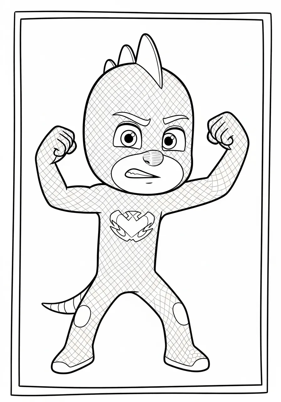 Desenho para colorir do personagem Gekko dos PJ Masks em uma pose de luta