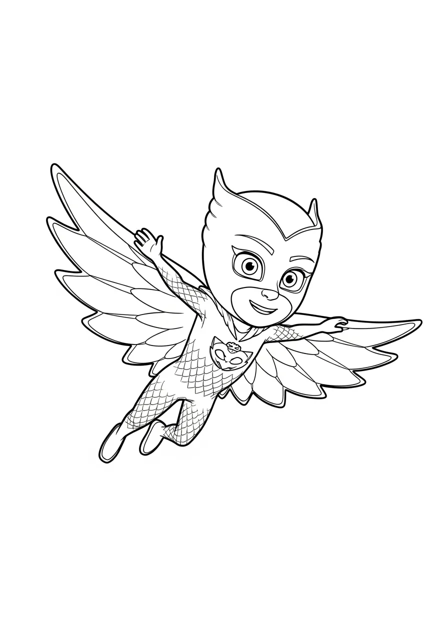 Desenho para colorir da personagem Owlette do PJ Masks voando