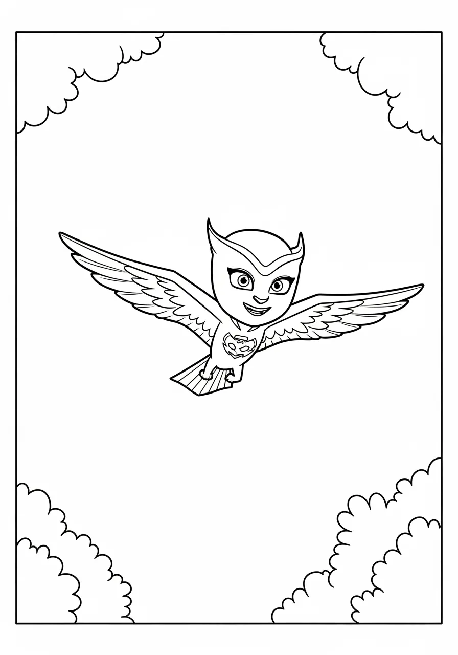Desenho da personagem Owlette dos PJ Masks voando entre nuvens para colorir