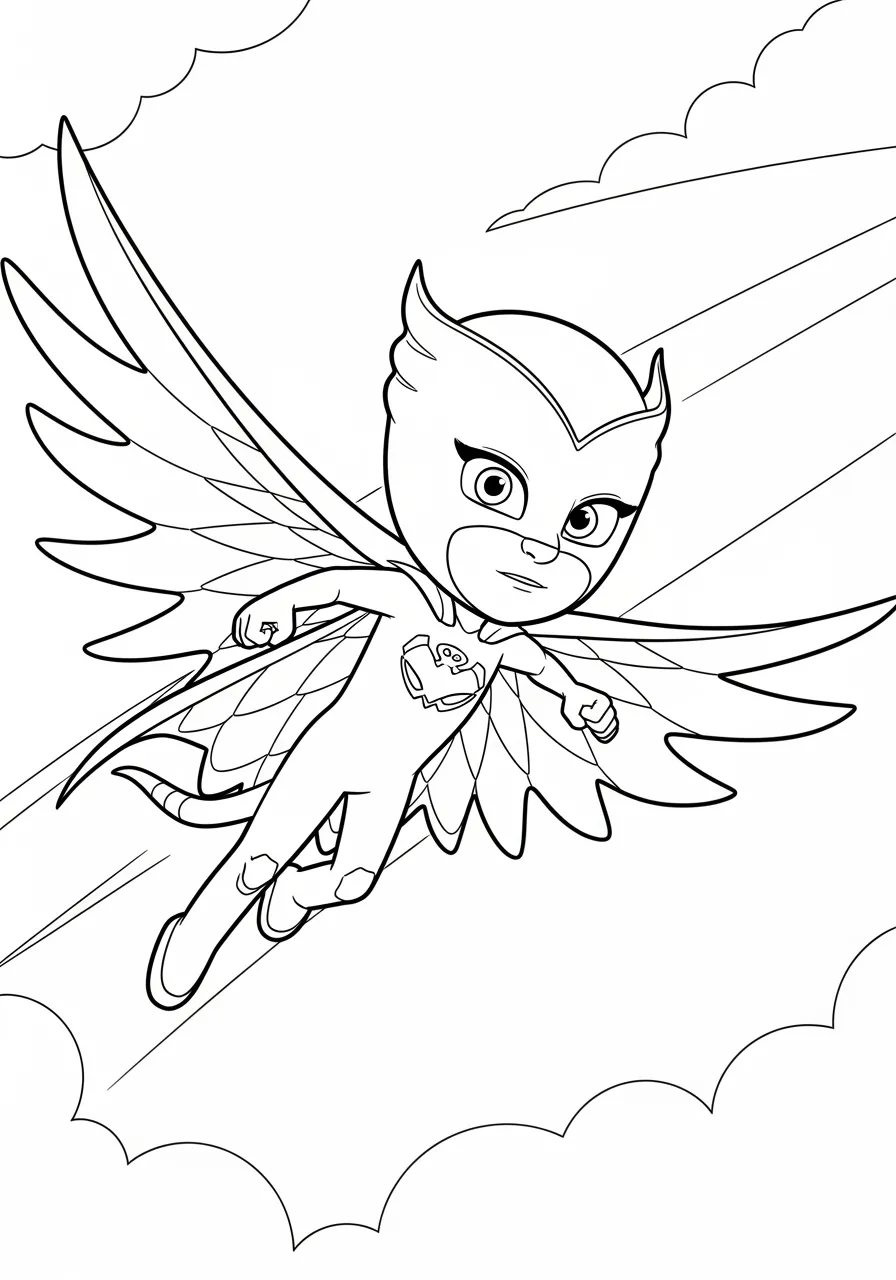 Desenho para colorir da personagem Owlette dos PJ Masks voando entre nuvens