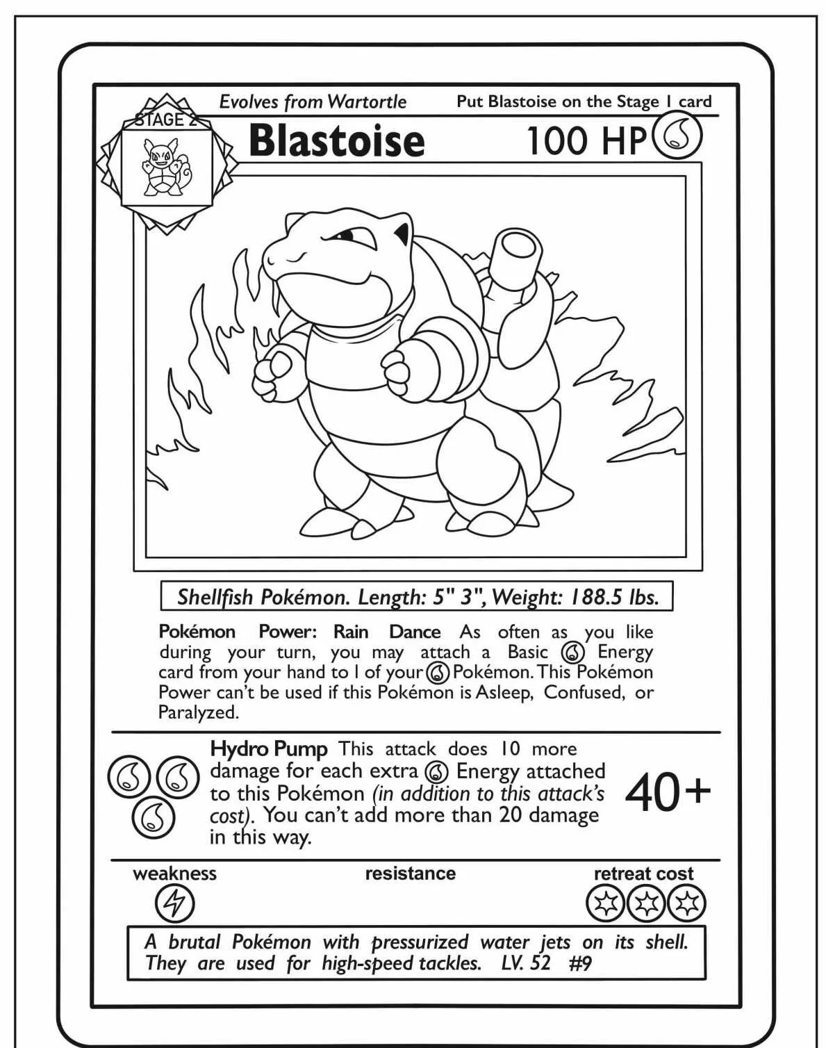 Desenho de Pokémon Blastoise para colorir, mostrando Blastoise em uma carta de Pokémon