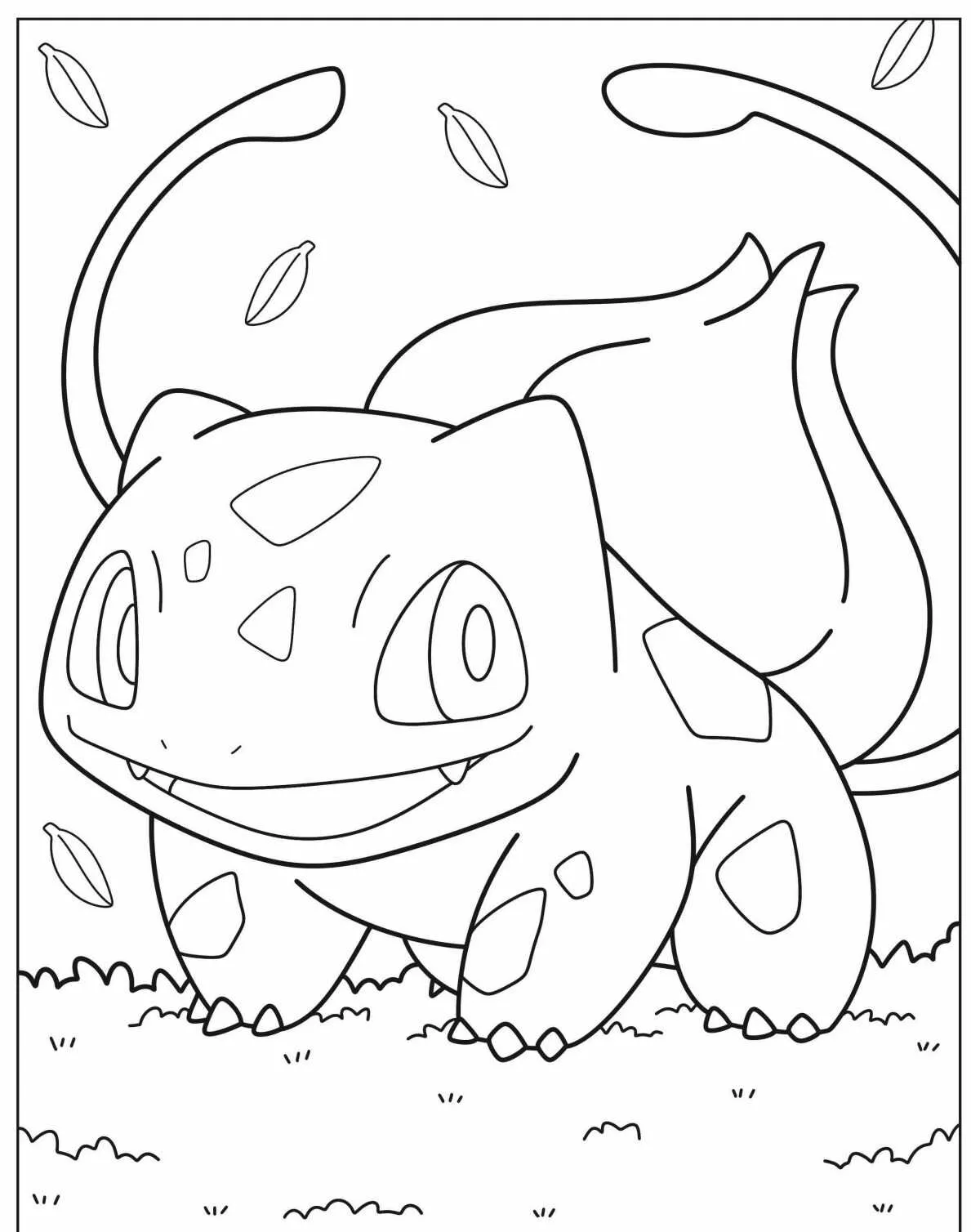 Desenho para colorir de Pokémon Bulbasaur com folhas ao fundo
