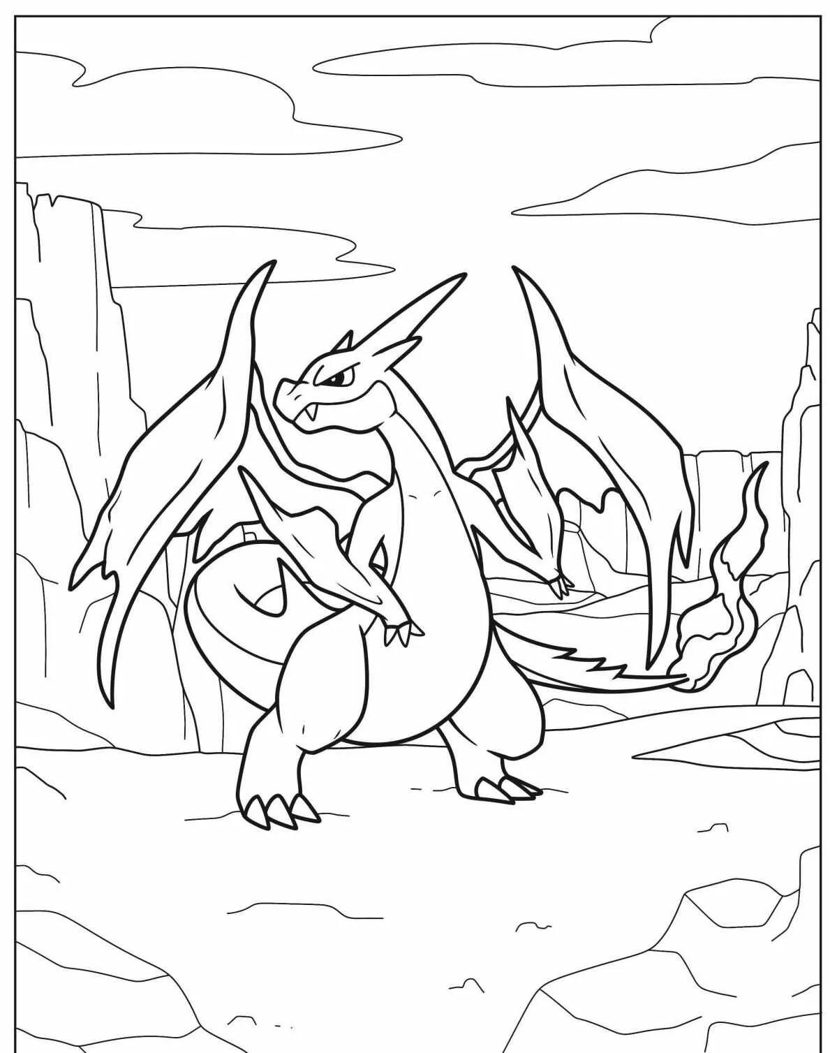 Imagem de Charizard em um cenário rochoso para colorir