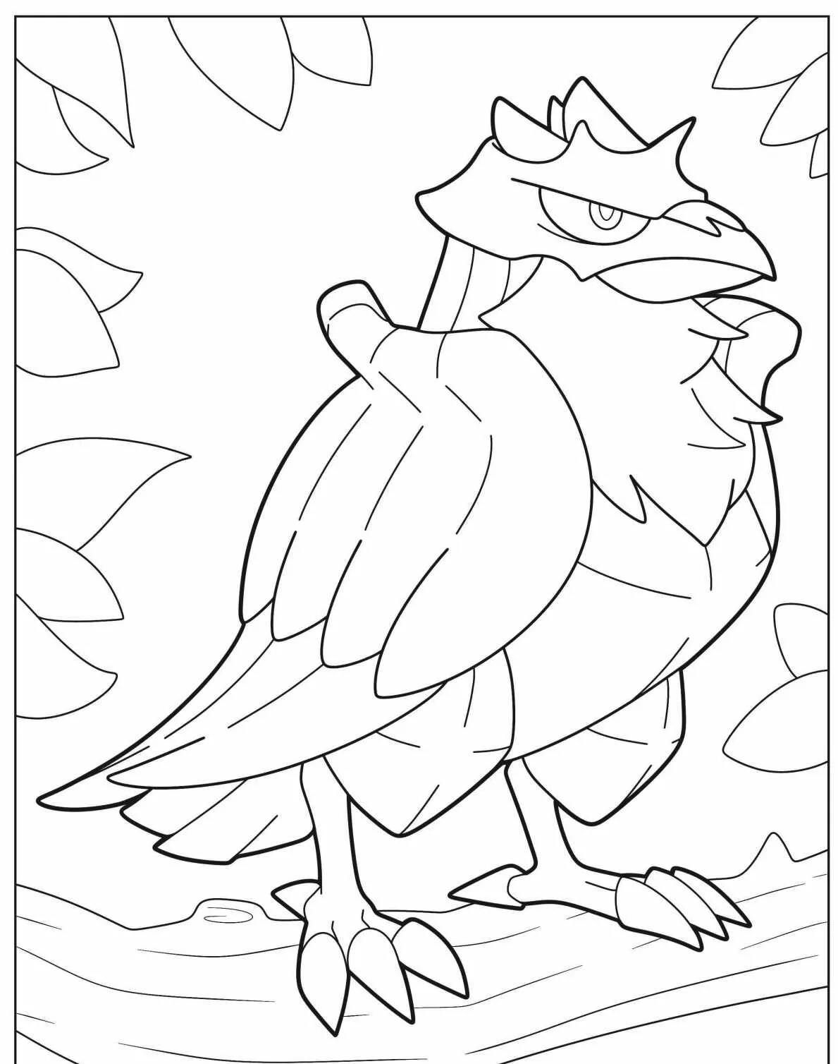 Imagem de um Pokémon Decidueye para colorir, em pé sobre um galho.
