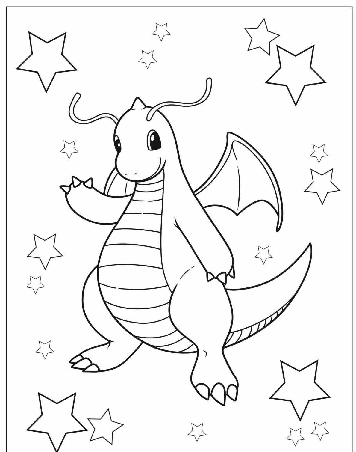 Imagem de um desenho de Pokémon Dragonite para colorir, cercado por estrelas