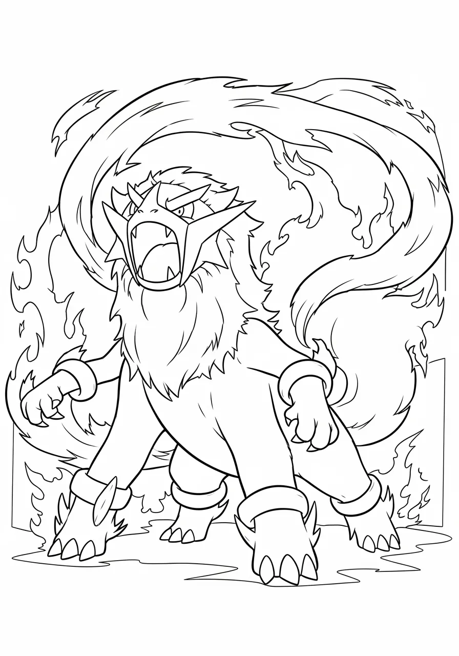 Desenho de Entei, o Pokémon lendário, em uma pose poderosa com chamas ao redor.