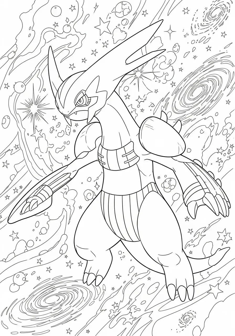 Desenho para colorir do Pokémon Giratina em um fundo espacial