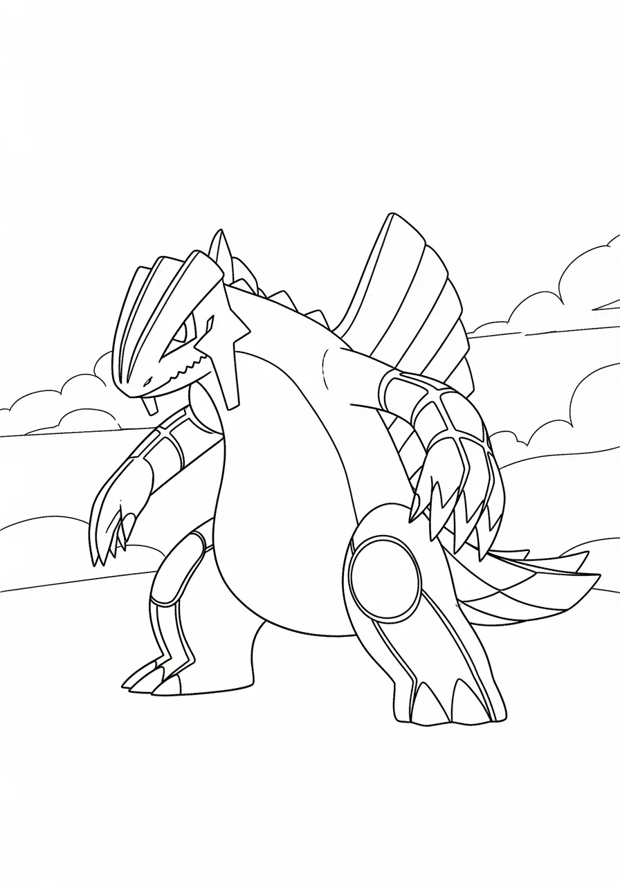 Desenho de Groudon, um Pokémon lendário, em uma pose poderosa para colorir.