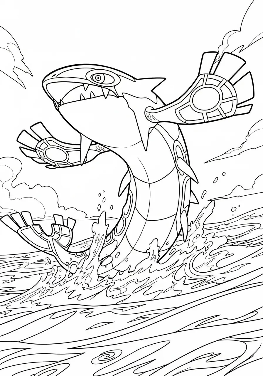 Desenho para colorir do Pokémon Kyogre saltando sobre as ondas do mar