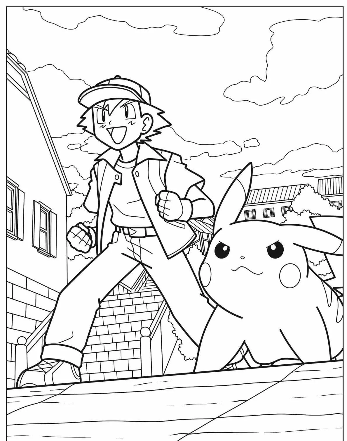Desenho para colorir de Pikachu ao lado de seu treinador em uma cidade
