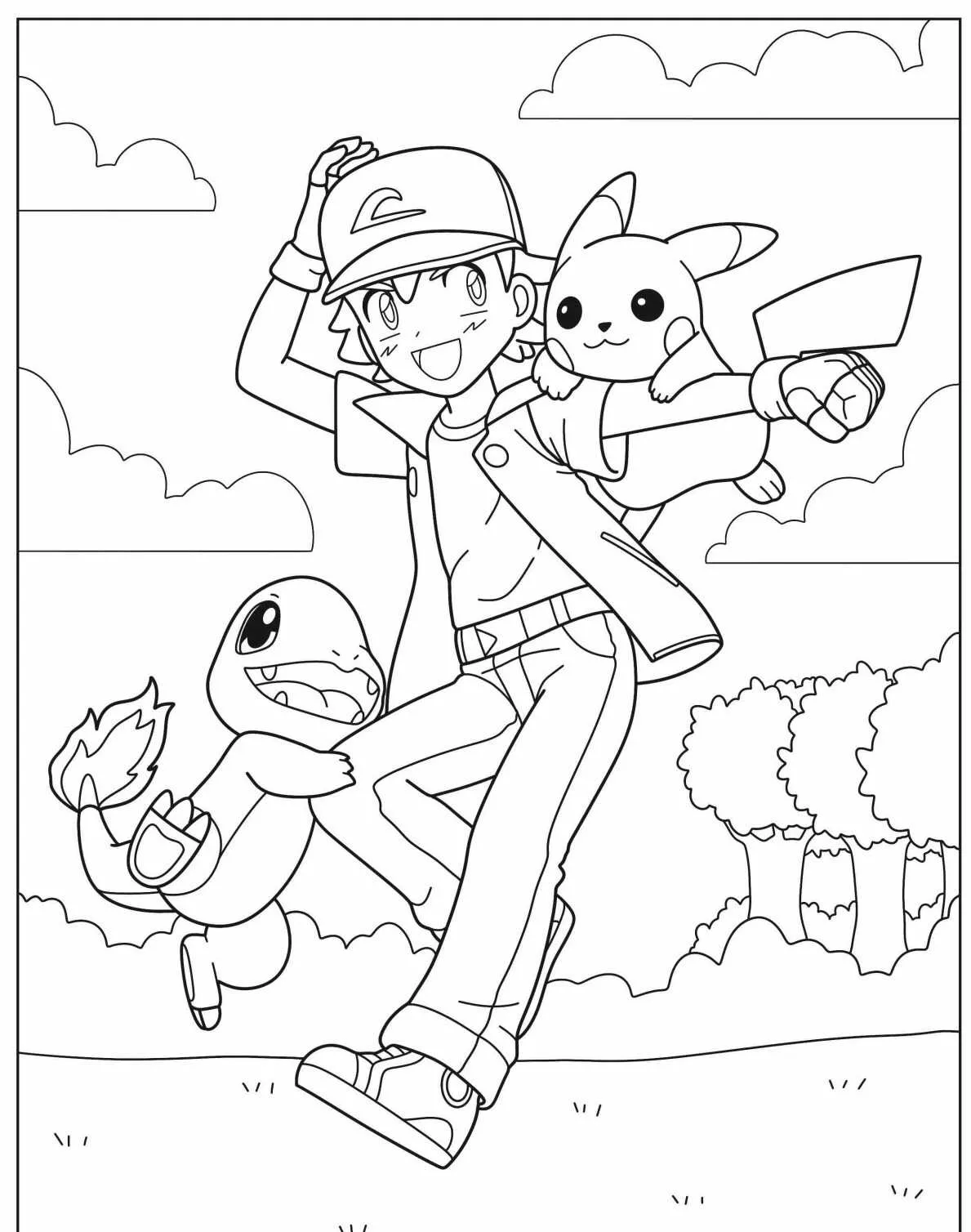 Desenho para colorir de Pikachu e Charmander com um treinador