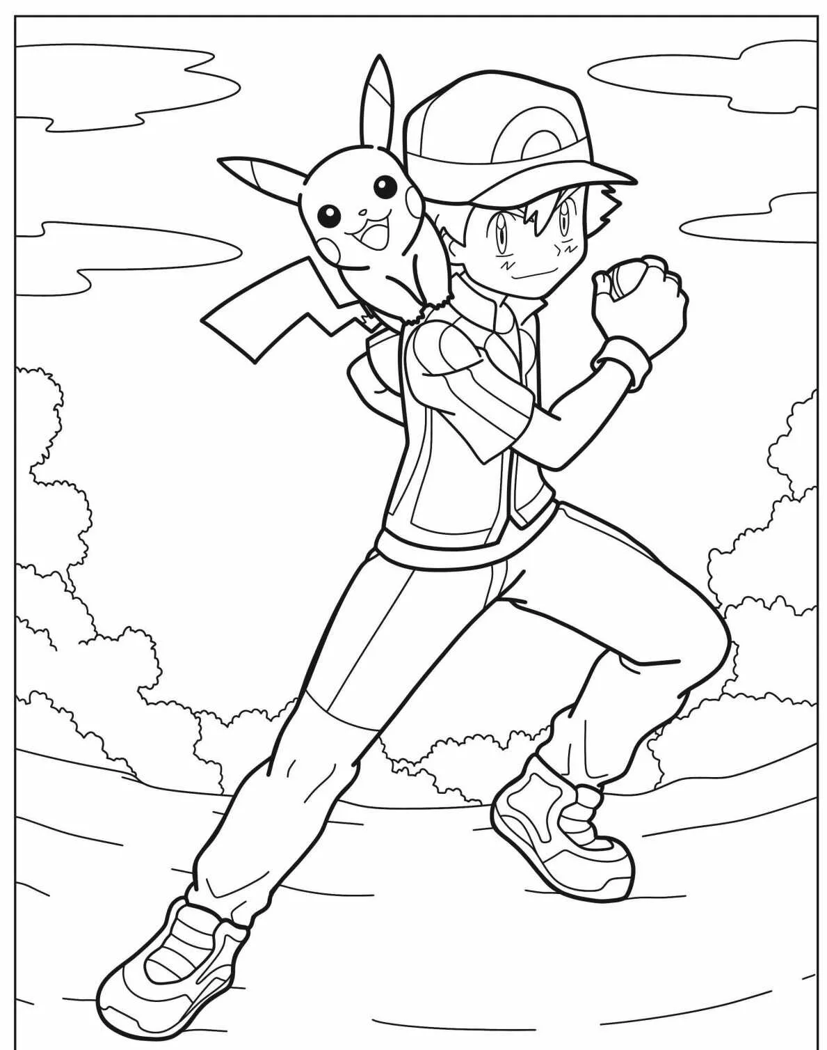 Desenho para colorir de Pikachu com treinador em pose de ação