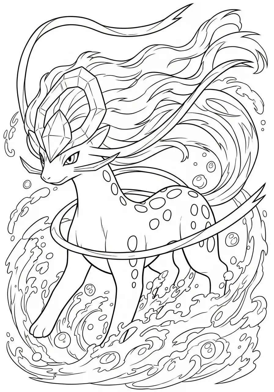 Desenho para colorir do Pokémon Suicune em meio a ondas
