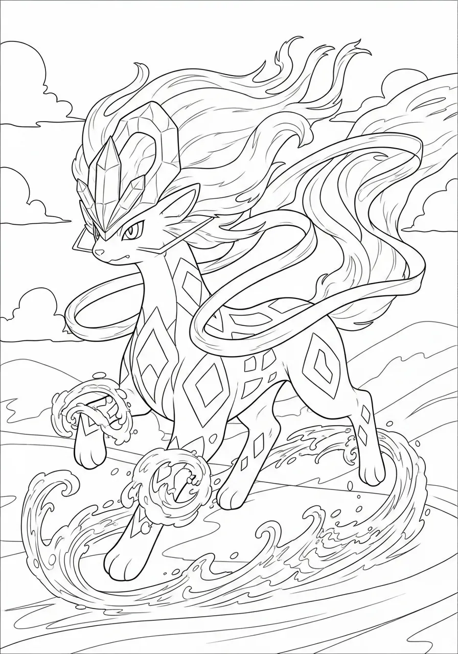 Desenho para colorir do Pokémon Zamacenta em uma pose majestosa