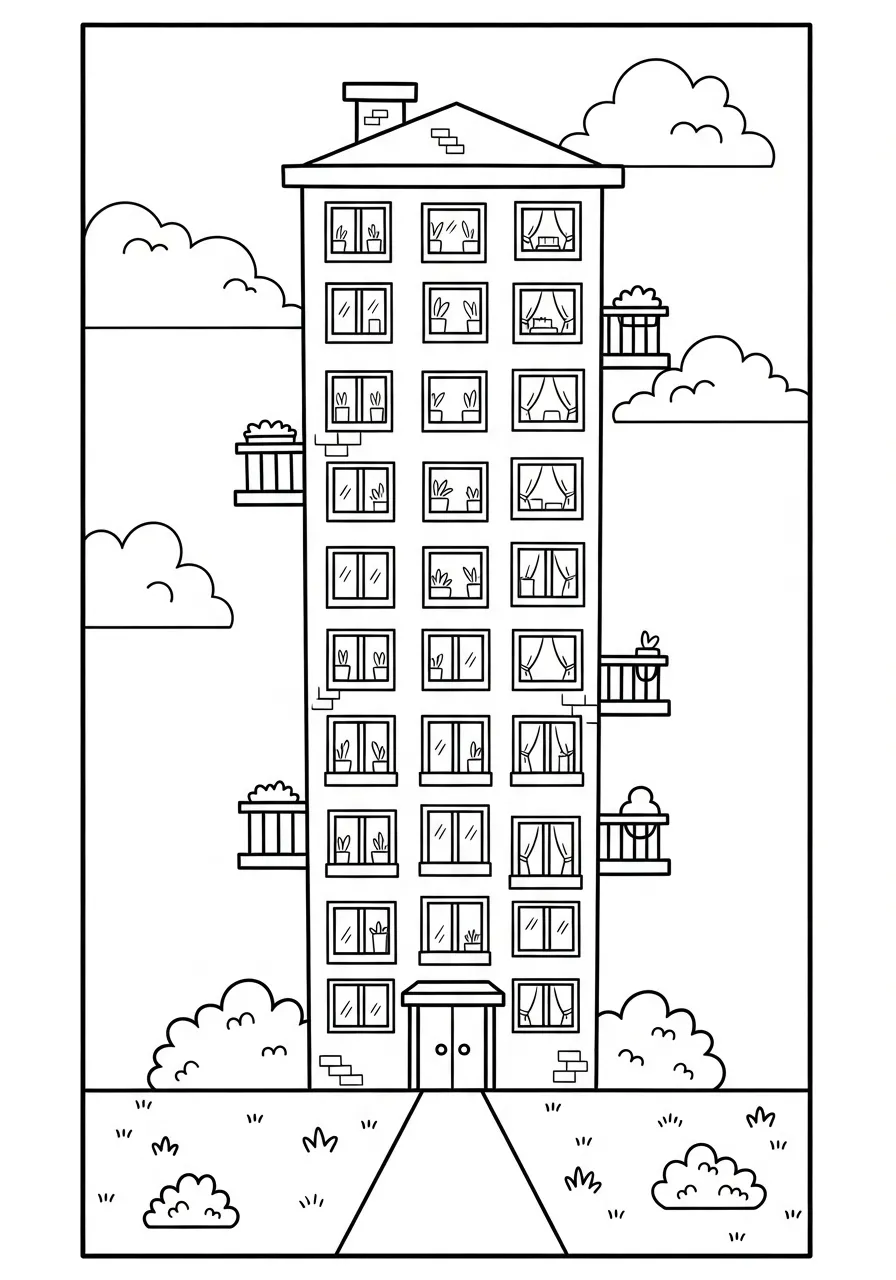 Imagem de um prédio alto com várias janelas e varandas para colorir