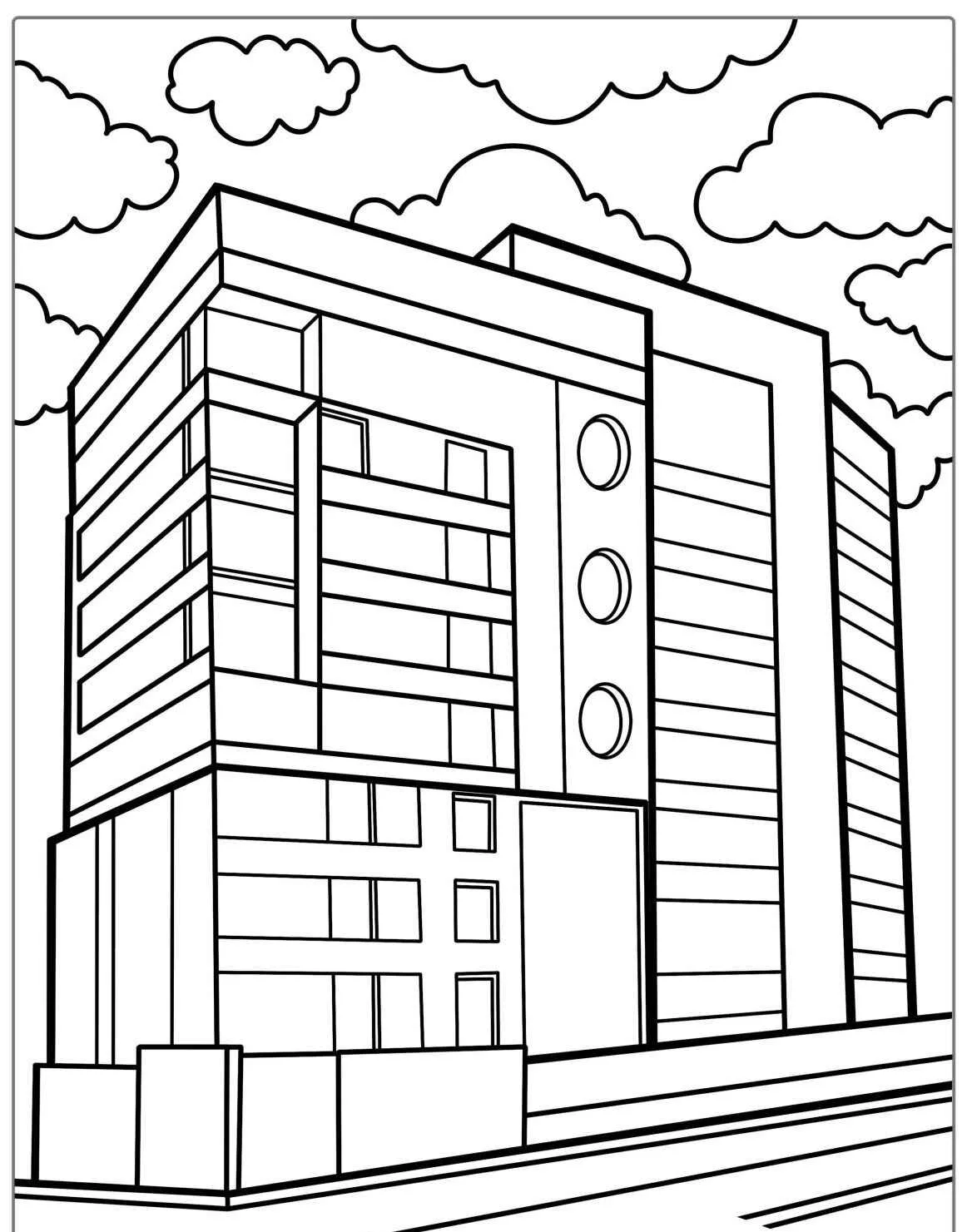 Imagem de um prédio moderno com várias janelas e detalhes arquitetônicos para colorir