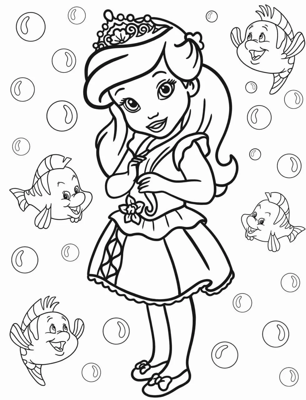 Desenho para colorir da Princesa Ariel cercada por peixes sorridentes