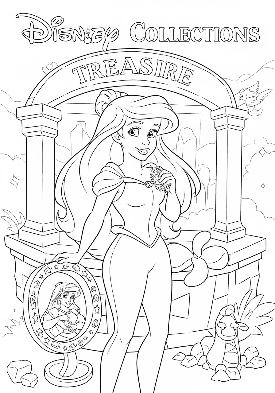 Imagem para colorir da Princesa Ariel da Disney com um tesouro