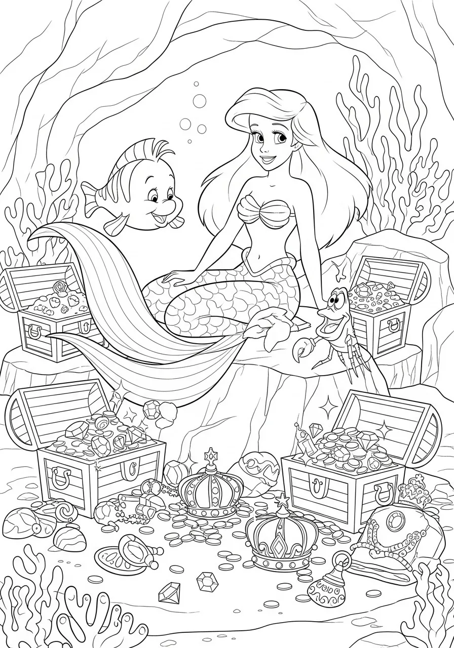 Desenho para colorir da Princesa Ariel com tesouros submarinos