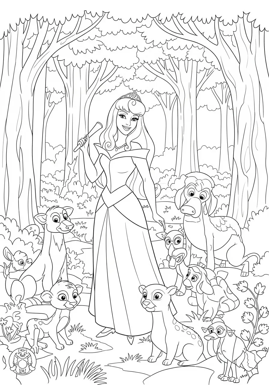 Desenho para colorir da Princesa Aurora rodeada por animais na floresta