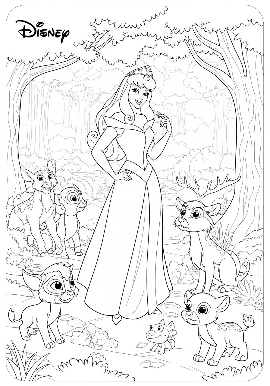 Imagem para colorir da Princesa Aurora da Disney cercada por animais na floresta