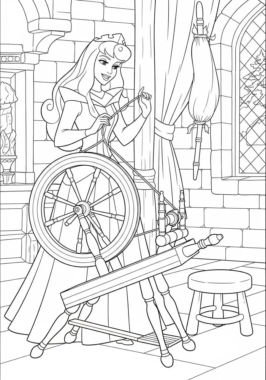 Desenho para colorir da Princesa Aurora da Disney com uma roca