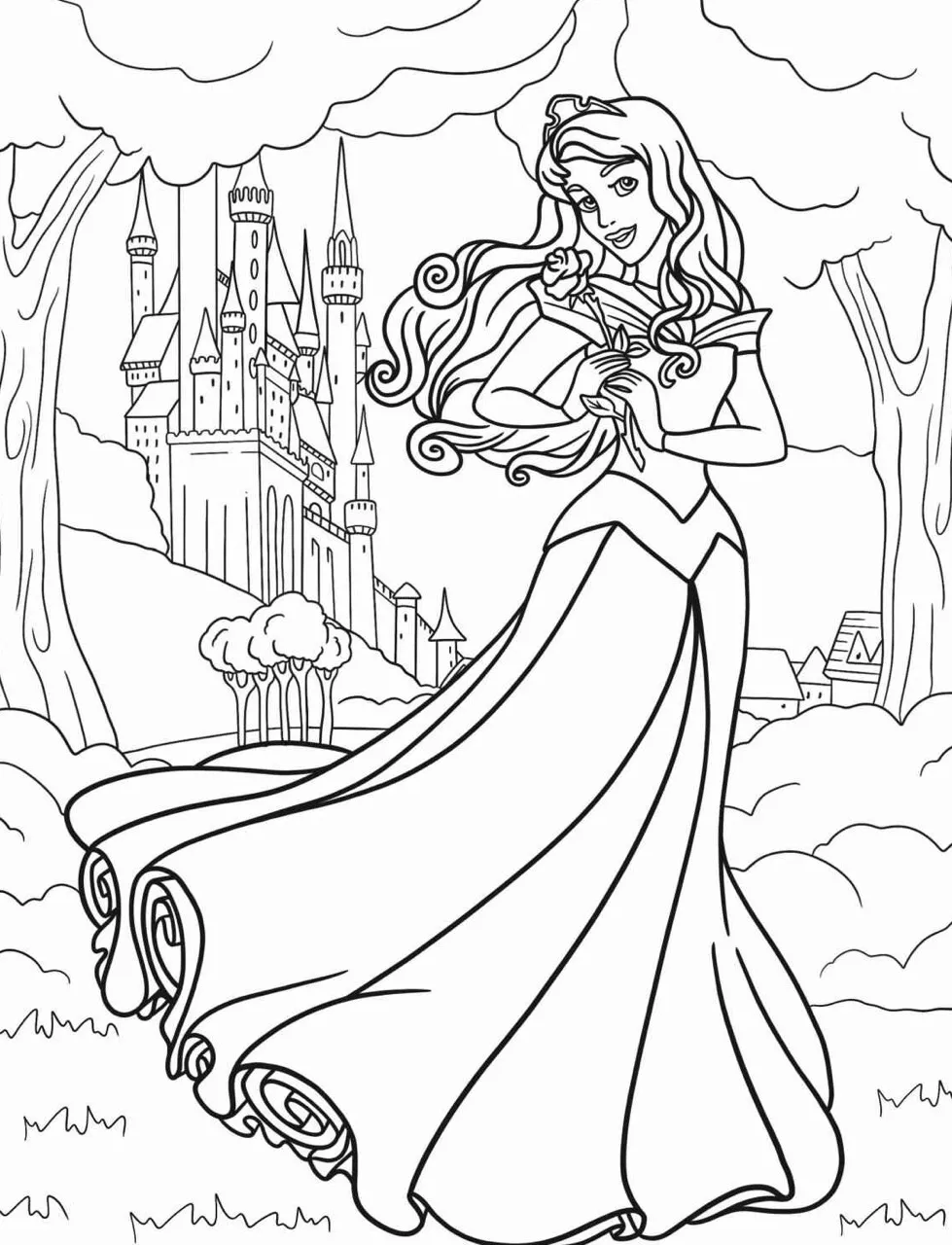 Imagem para colorir de uma princesa da Disney em frente a um castelo