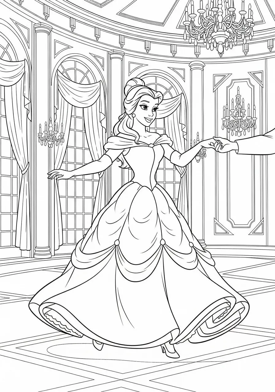 Imagem para colorir da Princesa Bela dançando em um salão elegante