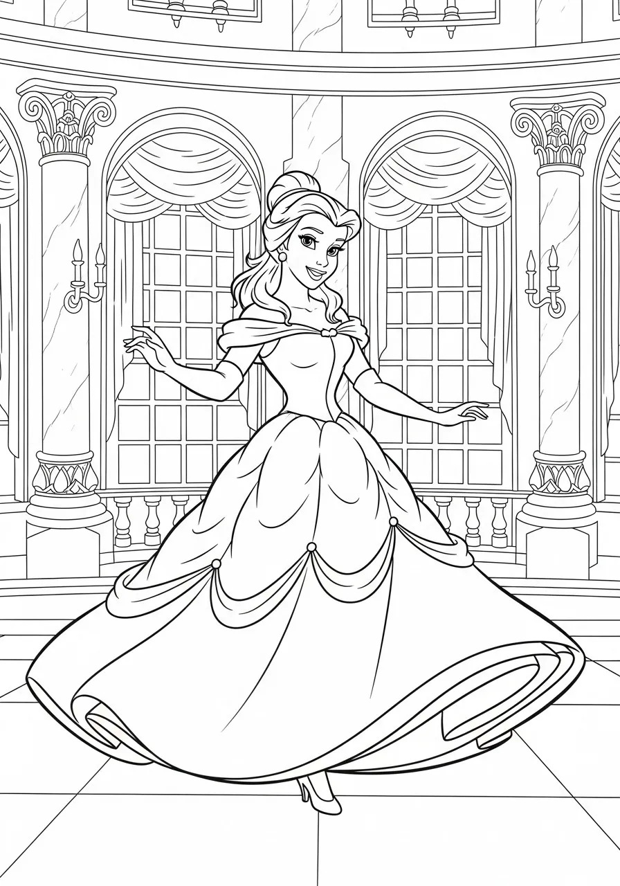 Imagem de uma princesa da Disney dançando em um salão de baile para colorir