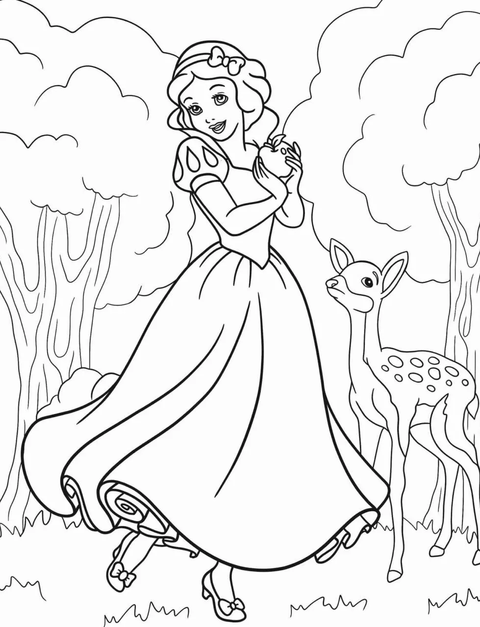 Imagem de Branca de Neve com um cervo em um cenário de floresta para colorir