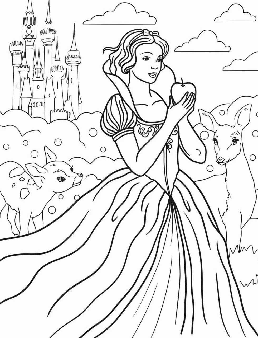Desenho para colorir de Branca de Neve segurando uma maçã com um castelo ao fundo
