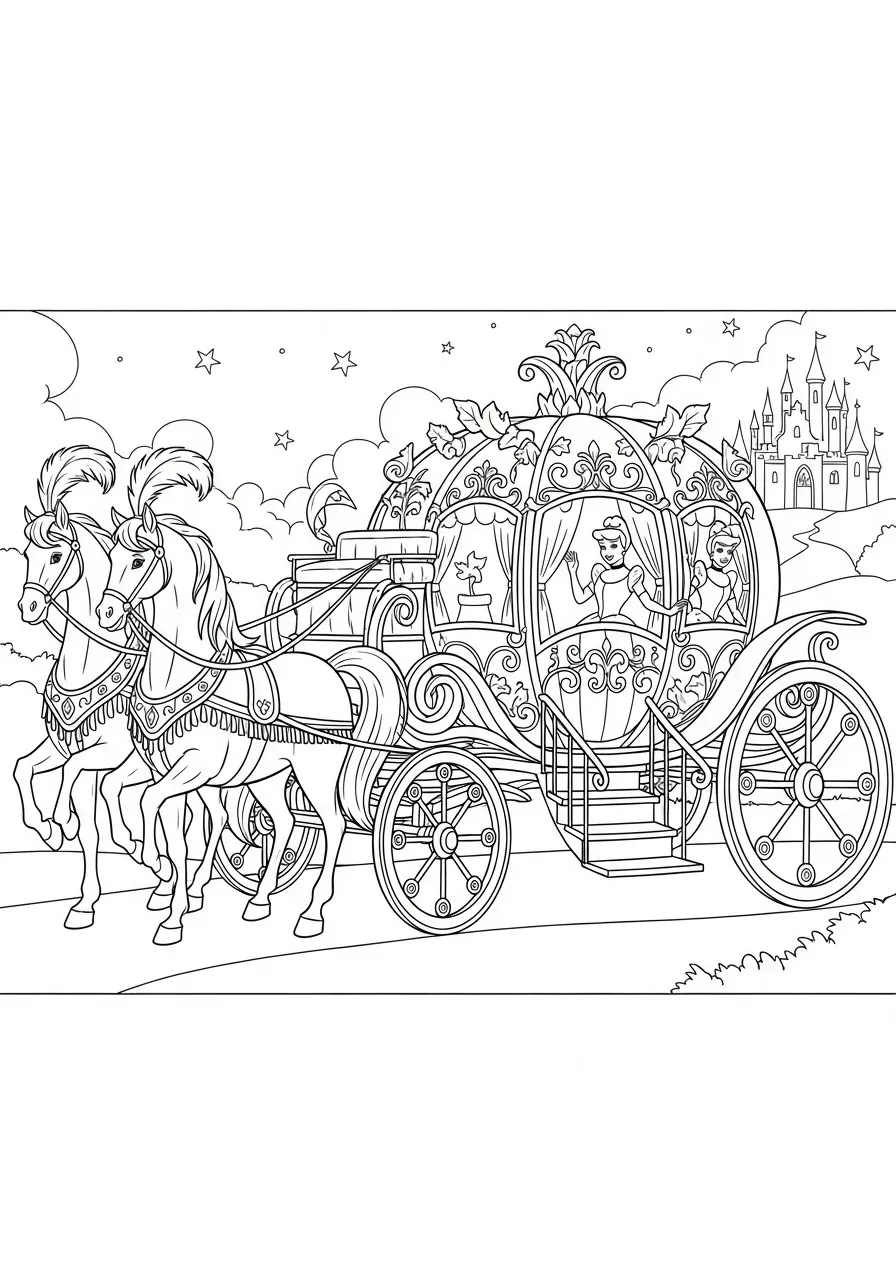 Desenho para colorir da Princesa Cinderela em sua carruagem mágica