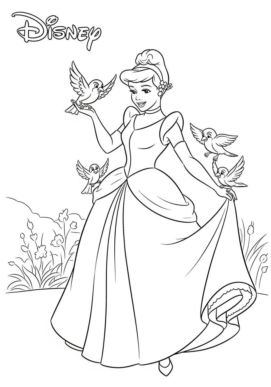 Desenho para colorir da Princesa Cinderela com pássaros ao redor