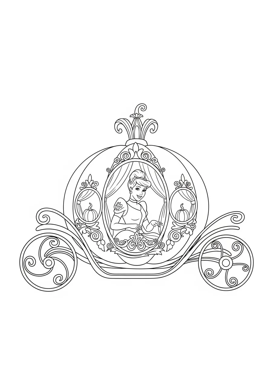 Desenho para colorir da Princesa Cinderela em sua carruagem mágica